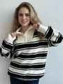 Detail of half-zip polo collar and striped knit texture on oversized women sweater - S / Black