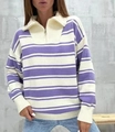 Detail of the half-zip collar and purple-white striped knit texture on woman's sweater - S / Purple