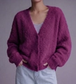 Detail of soft purple mink-like knit cardigan showing V-neck and plush texture - Purple
