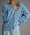 Detail view of the soft v-neck mink fleece cardigan with matching buttons and texture - Light Blue