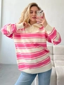 Detail view of pink and white striped knit sweater with half-zip collar design - S / Rose Red