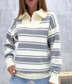 Detail of the half-zip collar and grey striped knit texture on this oversized sweater - S / Gray