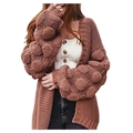Gilet long en maille marron avec manches bouffantes texturées et détails de pompons tricotés - Café