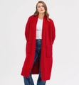 Detail der roten langen Strickjacke mit aufgesetzten Taschen und offener Vorderseite - S / Rot