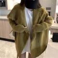 Detailed view of oversized mustard green knit cardigan with fringe edges and large lapels - One Size / Olive Green