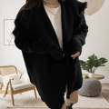 Women's black knit cardigan sweater with oversized collar and fringe details in a loose fit - One Size / Black