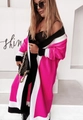 Detailed view of heavy knit long cardigan featuring bold pink and black color-block panels - S / Rose Red Patchwork