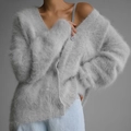 Fuzzy light grey V-neck knit cardigan with plush texture and matching buttons - S / Light Gray