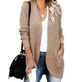 Women's chunky knit long cardigan in light khaki with front pockets for casual style - S / Tops / Khaki