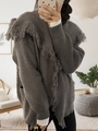 Detail of grey knitted cardigan showing thick knit texture and decorative fringe trim edges - One Size / Gray