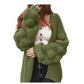 Gilet en grosse maille vert armée avec manches à pompons volumineuses et coupe ouverte - Vert Militaire