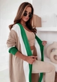 Close-up of chunky knit beige cardigan featuring green and white patchwork details - S / Khaki Spliced