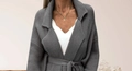 Detail of grey ribbed knit cardigan featuring classic lapel collar and waist tie belt - S / Gray