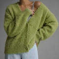 Grass green fluffy faux mink knit cardigan with V-neck and color-matched buttons - Avocado Green