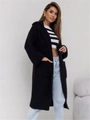 Dettaglio del cardigan lungo nero in maglia con cappuccio e ampie tasche funzionali - S / Nero