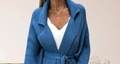 Detail of blue knit cardigan with wide lapels and matching tie belt for women - S / Blue