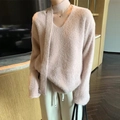 Light pink faux mink fur V-neck sweater with matching scarf necktie for women - One Size / Pink