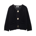 Detail of black openwork knit cardigan with large golden buttons and textured pockets - Black