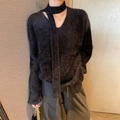Loose black faux mink sweater with unique tie neck and cold shoulder cutout design - One Size / Black