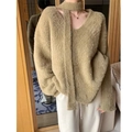 Khaki V-neck faux mink sweater with matching scarf and soft knit fuzzy texture - One Size / Camel