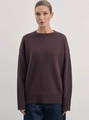 Detail of loose fit dark purple crew neck sweater with soft wool knit texture - Coffee