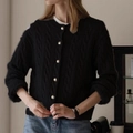 Women's black cable knit cardigan with gold buttons and vintage crew neck style - One Size / Black