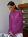 Detailed texture of rose purple hollow knit sweater with soft mohair fabric fibers - XS / Tops / Purple