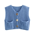 Dames gebreid vest met V-hals in lichtblauw met goudkleurige knopen en kleine zakjes - S / Aqua