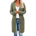 Grasgrüne lange Strickjacke mit Zopfmuster, Knöpfen und Taschen für Herbst und Winter - S / Armeegrün