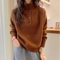 Brauner Strickpullover mit Stehkragen und Knopfdesign für den Herbst und Winter - Einheitsgröße / Braun