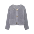 Gilet en grosse maille grise pour femme avec texture ajourée et boutons dorés - Gris