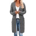 Graue lange Strickjacke für Damen mit Zopfmuster, Seitentaschen und Knöpfen - S / Dunkelgrau