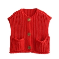 Dames gebreide rode gilet met V-hals, gouden knopen en twee handige zakken - S / Rood
