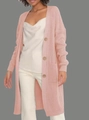 Pink waffle knit long cardigan for women featuring wood buttons and dual side pockets - Pink