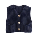 Donkerblauwe gebreide damesvest met V-hals, gouden knopen en handige voorzakken - S / Marineblauw
