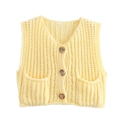 Women's V-neck chunky knit vest in light yellow with vintage gold buttons and front pockets - Yellow