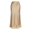 Detail of elegant champagne satin midi skirt with delicate lace trim at the hem - S / Champagne