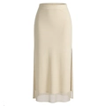 Jupe mi-longue beige élégante à taille haute, fentes latérales et ourlet en tulle - M / Beige