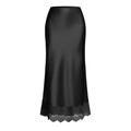 Close-up of elegant black satin midi skirt featuring delicate lace hem detail - S / Black