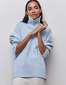 Loose-fit light blue turtleneck knit sweater with ribbed cuffs for autumn and winter - S / Light Blue