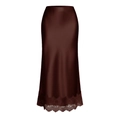 Close-up of elegant coffee satin midi skirt with intricate floral lace trim at the bottom - S / Chocolate
