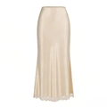 Close-up of champagne satin maxi skirt featuring eyelash lace trim and side slit detail - S / Beige