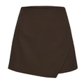 Detail view of dark coffee wrap skort with asymmetrical A-line design and flat waistband - S / Chocolate