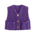 Women's V-neck chunky knit vest in purple with gold buttons and front pockets - S / Purple