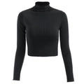 Detail of black ribbed knit long sleeve crop top with high neck and slim fit texture - Black