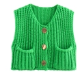 Women's bright green V-neck knit vest with gold buttons and front patch pockets - Green