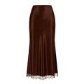 Detailed view of chocolate brown satin midi skirt featuring delicate lace hem and silky texture - S / Chocolate