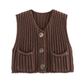Coffee brown chunky knit V-neck vest featuring decorative pockets and silver buttons - S / Coffee