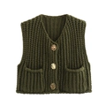 Olive green chunky knit v-neck vest with large amber buttons and two front pockets - Dark Green