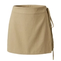 Detail view of khaki cotton-linen wrap skirt with adjustable side tie and natural texture - Khaki